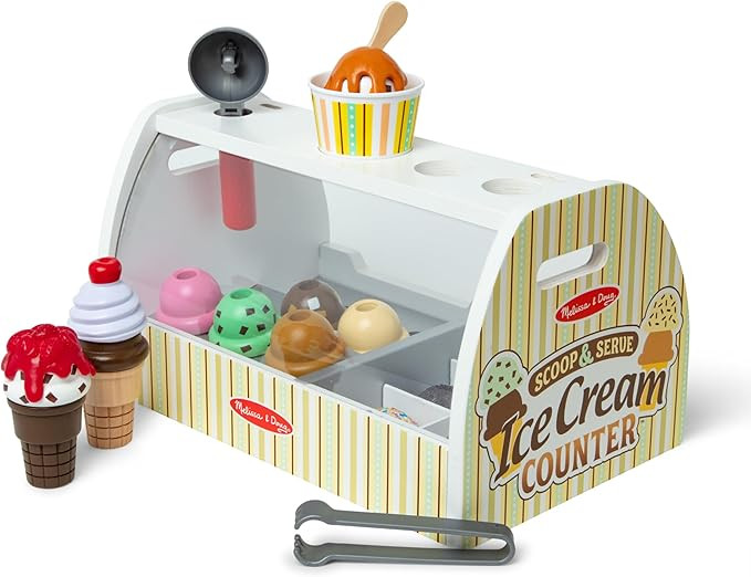 Melissa & Doug Wooden Scoop and Serve Ice Cream Counter With Play Food and Accessories